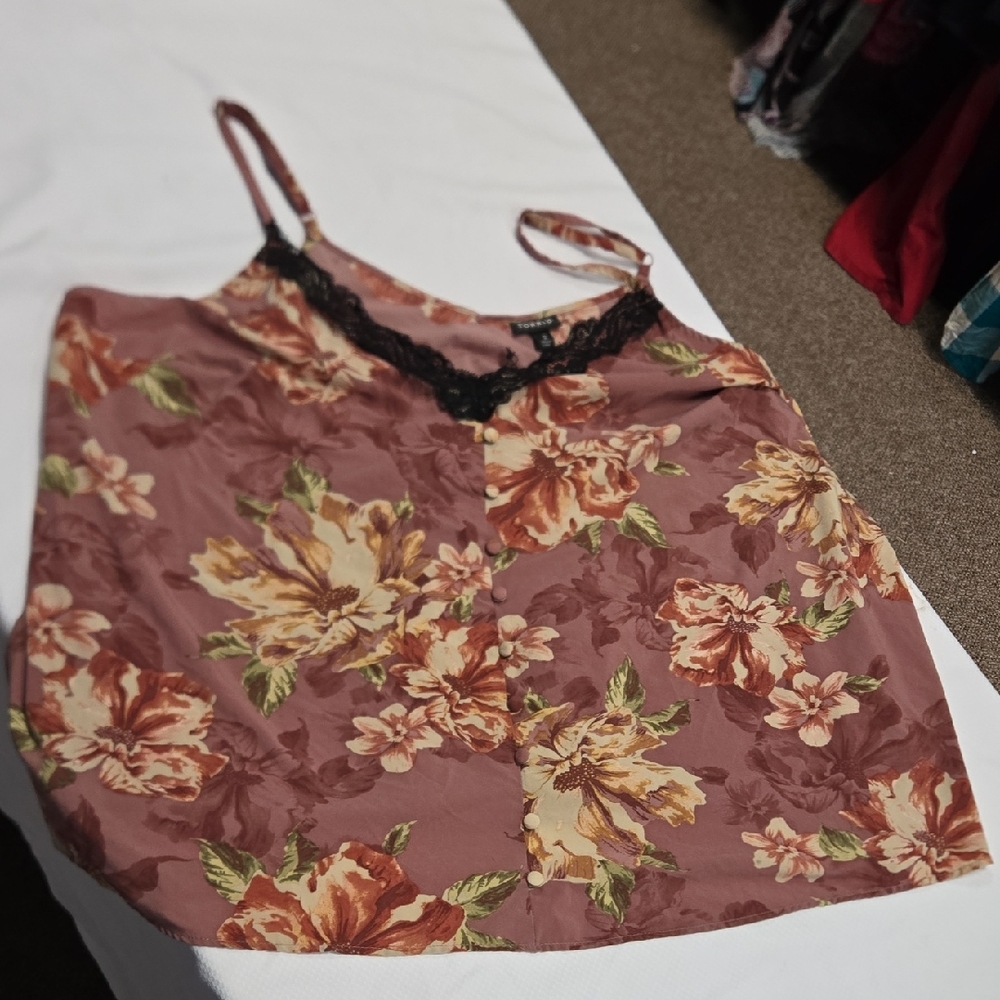 Torrid Floral Camisole with Black Lace Trim
